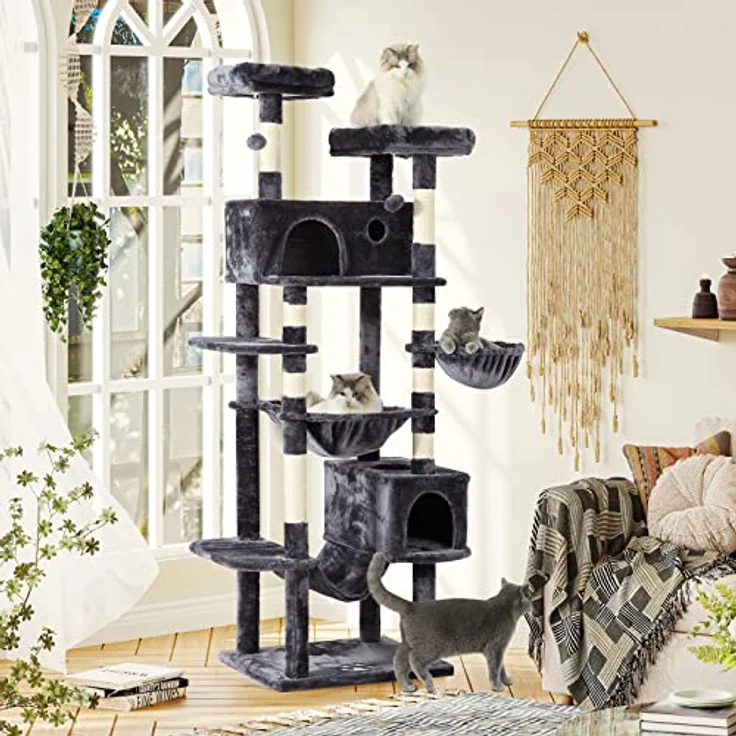 MSmask Kratzbaum XXL, 193 cm hoch mit 2 Höhlen, 2 Plattformen, Hängematte und Sisal-Kratzsäulen, stabil und deckenhoch für große Katzen – Bild 2