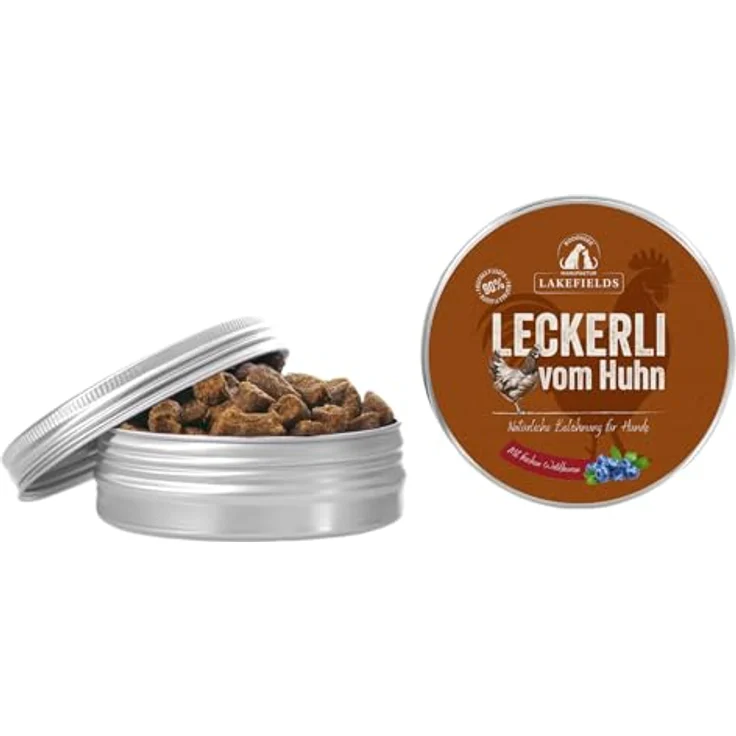 Lakefields Hundeleckerli Trockenfleischwürfel vom Huhn, 50g, 90% Hühnerfleisch, getreidefreie Snacks mit Kartoffeln & Waldbeeren, ohne Zusätze – Bild 1