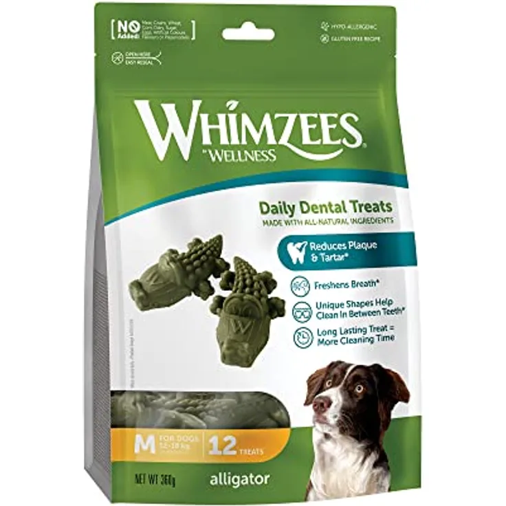 Whimzees Snack Alligator M, 12x30g, glutenfreier Hundesnack für Training und Belohnung