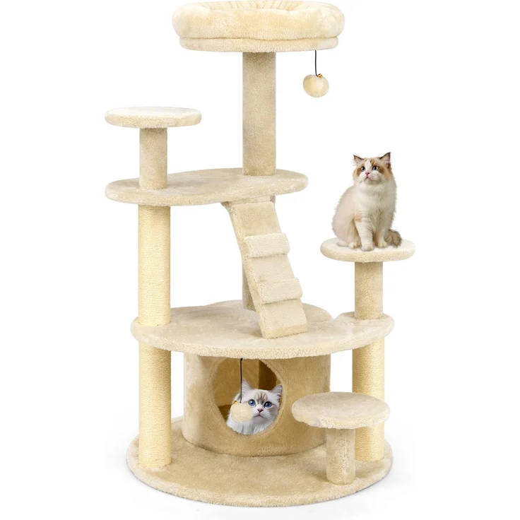 COSTWAY Kratzbaum klein, Katzenbaum Holz mit Höhle, Sisalkratzsäulen und Plattformen, hellbeige