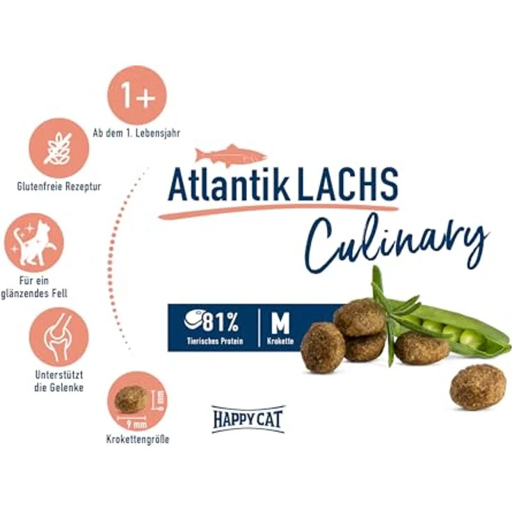 Happy Cat Culinary Adult Atlantik Lachs, Katzen-Trockenfutter für ausgewachsene Katzen, 4 kg, hochwertige Rezeptur mit Fisch und Erbsen, ohne künstliche Zusatzstoffe, made in Germany – Bild 3