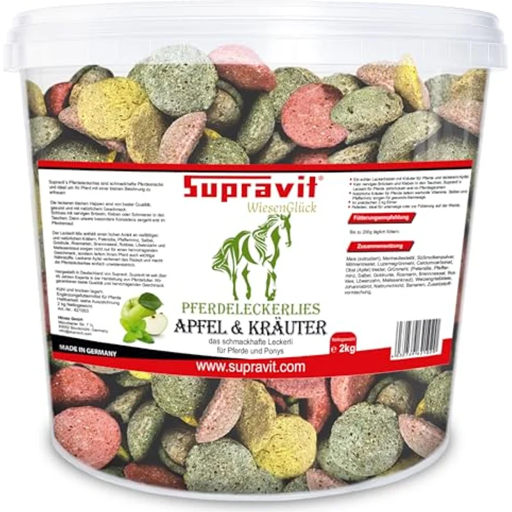 Supravit Pferdeleckerlies Apfel & Kräuter 2kg, natürliche zuckerfreie Snacks für Pferde und Ponys, aromatische Kräutermischung, wiederverschließbarer Eimer – Bild 1