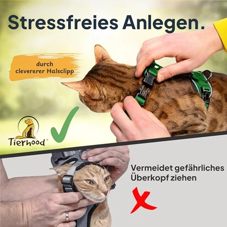 Tierhood Katzengeschirr mit Leine [Neue, LEICHTE Version] - Komfortables Set für Katzen und Kitten, Grün, Größe M, mit 1,4m Leine, sichere Schnallen und reflektierenden Elementen – Bild 4