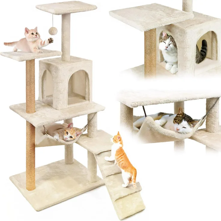 Mersjö Comfort Line Katzenkratzbaum, hoch, 6 Ebenen mit Spielzeug und Bett, beige