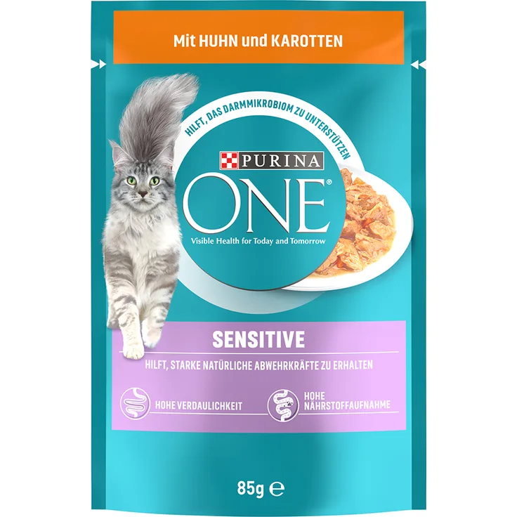 PURINA ONE Sensitive, Nassfutter für Katzen mit Huhn & Karotte, Sparpaket (52 x 85 g)