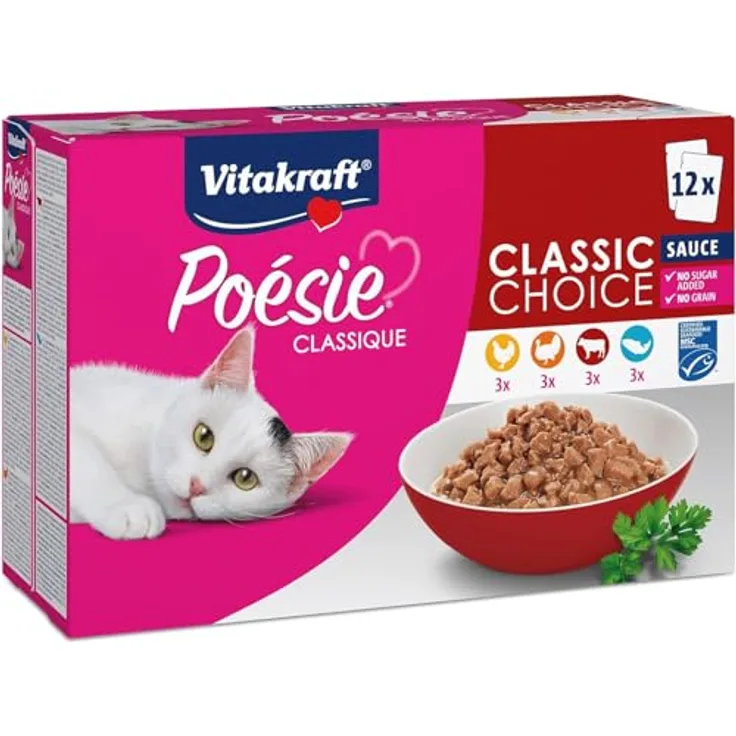 Vitakraft Poésie Classique, Nassfutter für Katzen in Sauce, mit Huhn, Truthahn, Rind und Lachs, ohne Zucker und Getreide, 12x85g Paket