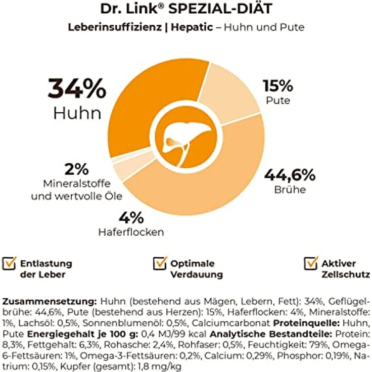 Dr. Link Spezial-Diät Katzenfutter für die Leber, Huhn & Pute, 6x200g Dose, unterstützt Stoffwechsel und Leberfunktion – Bild 5
