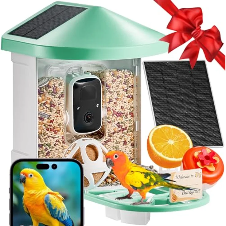 VEVOR Vogelfutterhaus mit Kamera, 2K HD, KI-Vogelerkennung für über 10.000 Vogelarten, solarbetrieben mit automatischer Aufnahme und sofortiger Benachrichtigung, 3 Solarmodule, grün – Bild 1