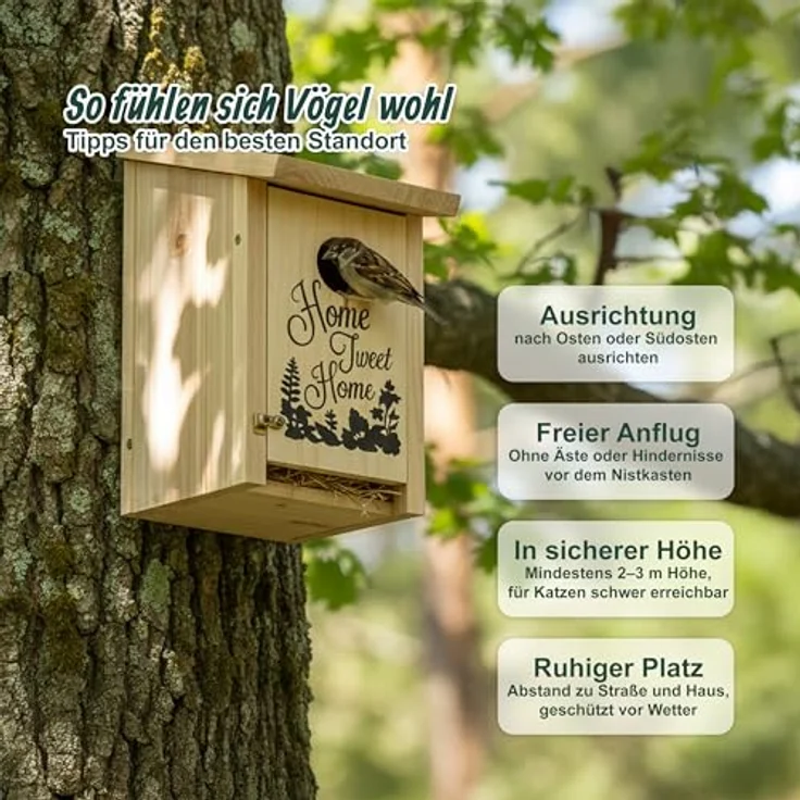 relaxdays Nistkasten Home Tweet Home, Natur, Vogelbrutkasten für Meisen und Sperlinge mit aufklappbarer Frontplatte zur einfachen Reinigung – Bild 3