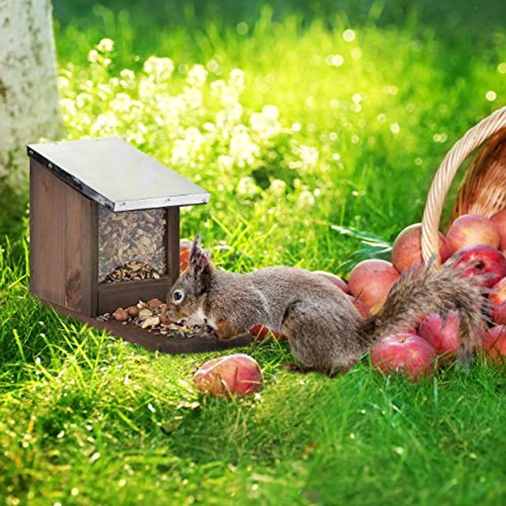 Relaxdays - Eichhörnchen Futterhaus, Futterstelle aus Holz, wetterfestes Metalldach, Eichhörnchen Kobel zum Stellen, natur – Bild 4