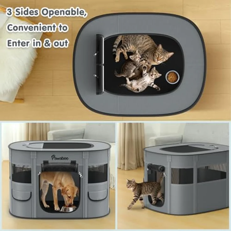 Pawaboo Tragbarer Hunde-Laufstall, M, rechteckig aus 600D Oxford-Gewebe mit atmungsaktivem 360°-Netzdesign, Koksgrau – Bild 5