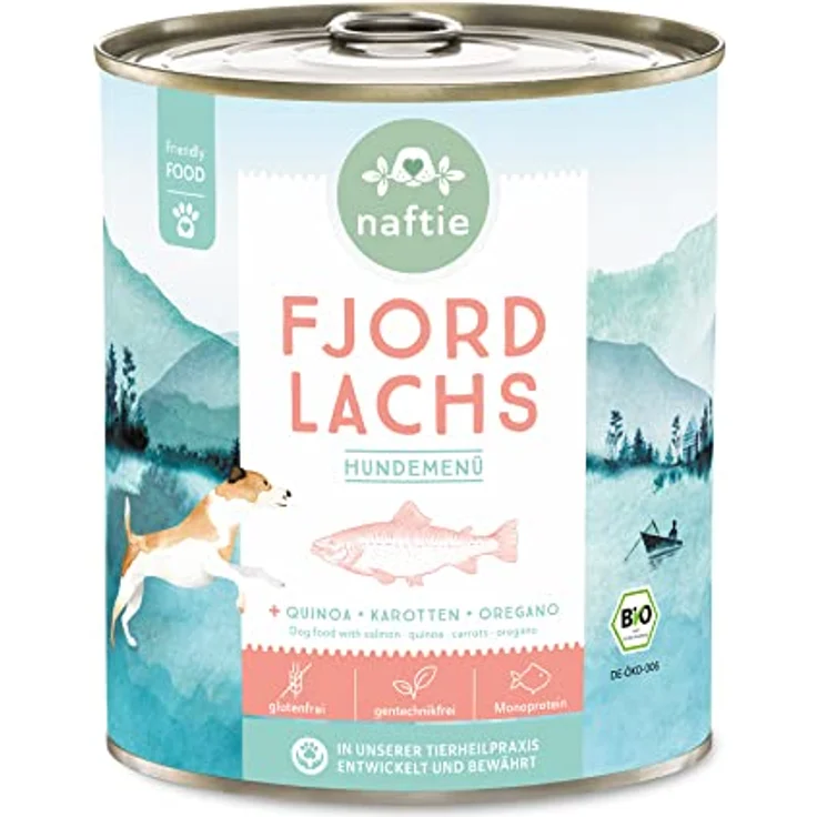 naftie Bio Hundefutter Fjord Lachs, Premium Nassfutter mit Lachs-Fisch & Quinoa, getreidefrei, glutenfrei, purinarm, Diät-Futter, 800g Dose – Bild 1