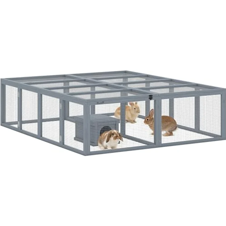 PawHut Kleintierstall Kaninchenstall für 2-4 Zwergkaninchen, Holz mit 2 Türen und Unterstand, 180,4 x 150 x 48 cm, Grau – Bild 1