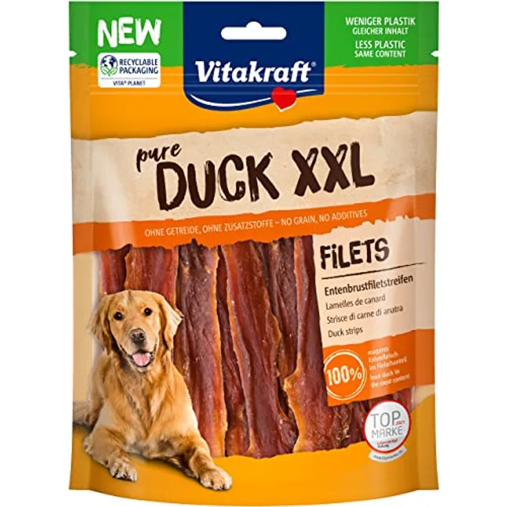 Vitakraft Duck XXL, fleischiger Hundesnack mit Entenbrustfiletstreifen, 250g - ohne Zucker, Getreide und Zusatzstoffe