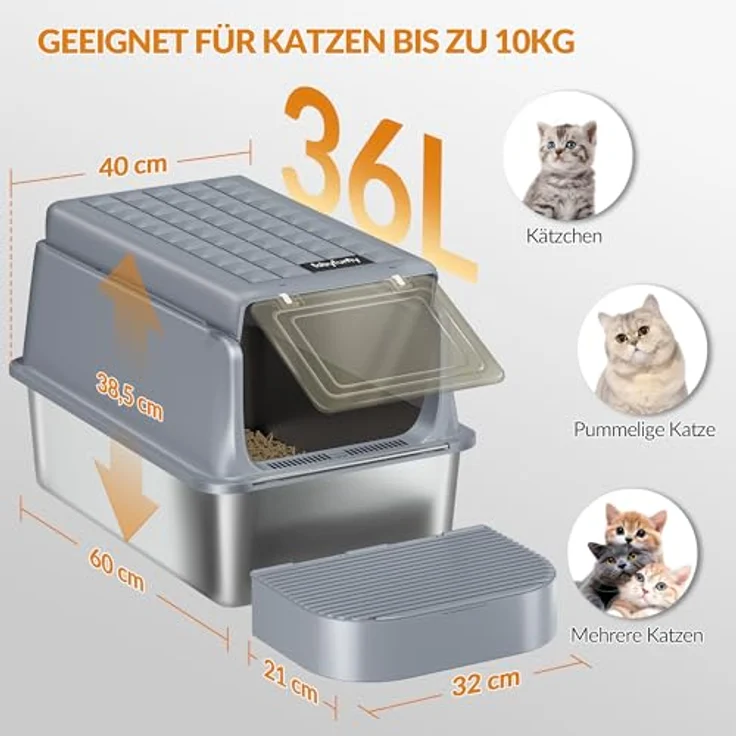 Fobyfurny XXL Edelstahl-Katzenklo mit Deckel, geschlossene Katzentoilette mit Schaufel und Fußstufe, herausnehmbar, 120° Klappdeckel, leicht zu reinigen, Dunkelgrau, FPLB001SG2 – Bild 5