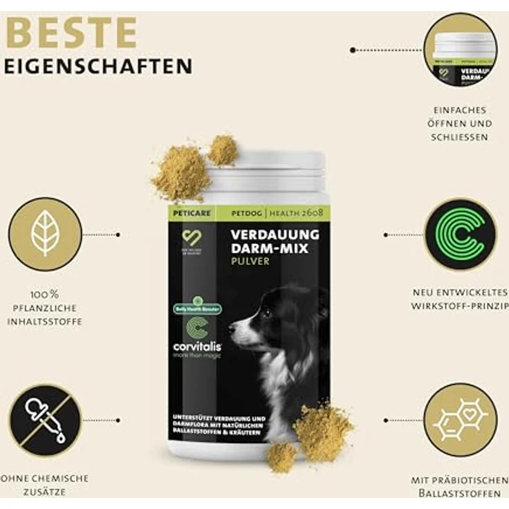 Peticare PetDog Health 2608, Ergänzungsfutter Verdauung & Darm-Mix Pulver für Hunde, 125g mit natürlichen Inhaltsstoffen und CORVITALIS® Komplex – Bild 4