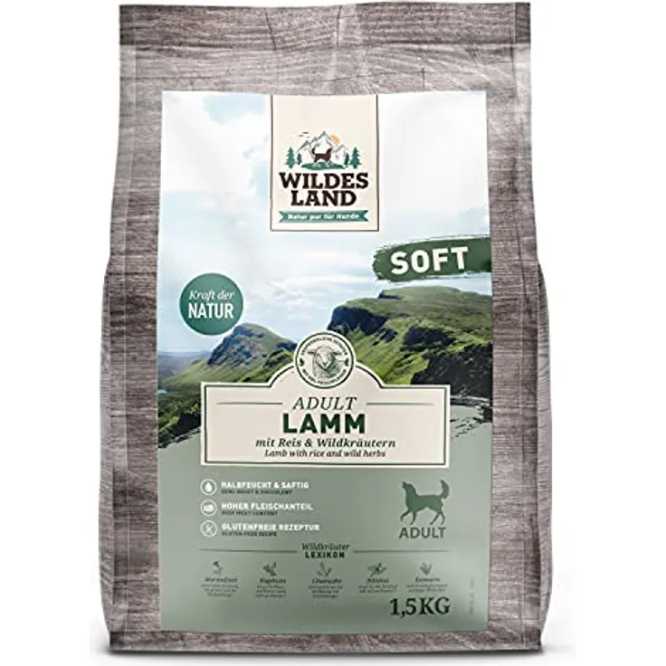 WILDES LAND Halbfeuchtes Trockenfutter für Hunde, Lamm mit Reis und Wildkräutern, glutenfrei, 1,5 kg, extra viel Fleisch, für alle Hunderassen