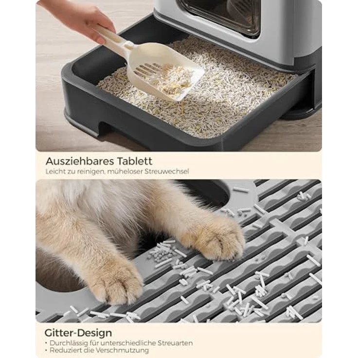 Feandrea Katzenklo 2er Set, mit Deckel und ausziehbarem Tablett, für Katzen bis 15 kg, anthrazitgrau-Taubengrau, auslaufsicherer Boden, weniger Spuren, inkl. Schaufel und Bürste – Bild 4