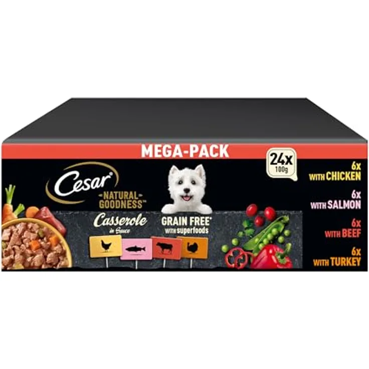 Cesar Natural Goodness Premium Hunde Nassfutter, 4 Varietäten in Sauce, Megapack 24x100g, 100% natürliche Zutaten