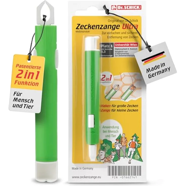 Dr. Schick Zeckenzange Ultra, 2-in-1 Zeckenhaken & Zeckengreifer, patentierter Zeckenschutz für Mensch und Tier, zur zuverlässigen Entfernung großer und kleiner Zecken, hergestellt in Deutschland