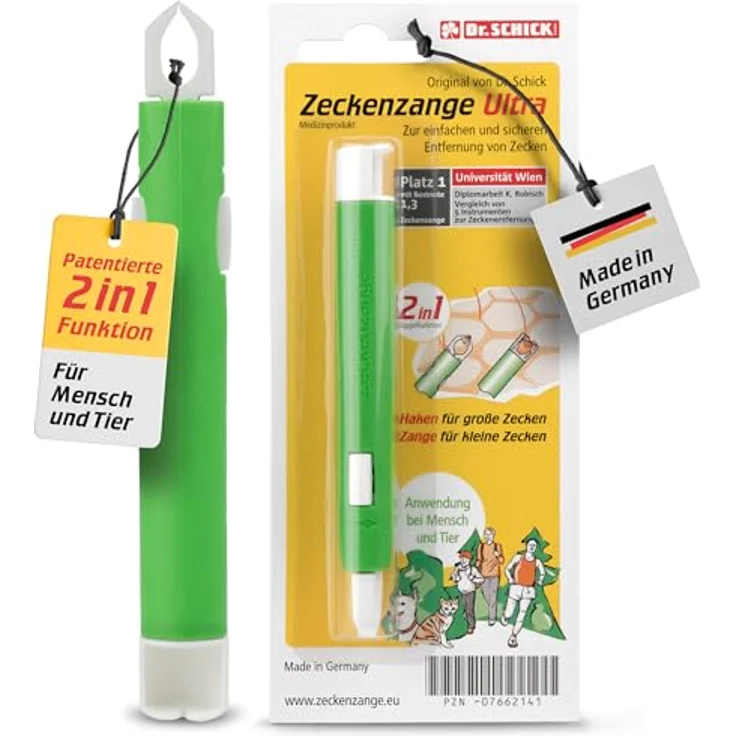 Dr. Schick Zeckenzange Ultra, 2-in-1 Zeckenhaken & Zeckengreifer, patentierter Zeckenschutz für Mensch und Tier, zur zuverlässigen Entfernung großer und kleiner Zecken, hergestellt in Deutschland – Bild 1