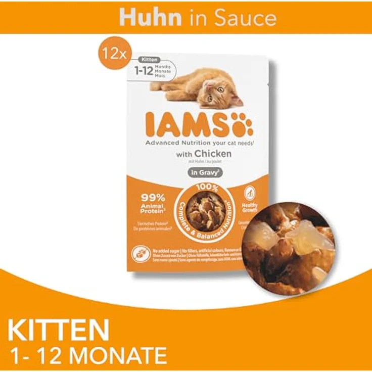 IAMS Delights Kitten Nassfutter, Multipack mit Huhn in Sauce, hochwertiges Futter für Kätzchen 1-12 Monate, 12 x 85g – Bild 3