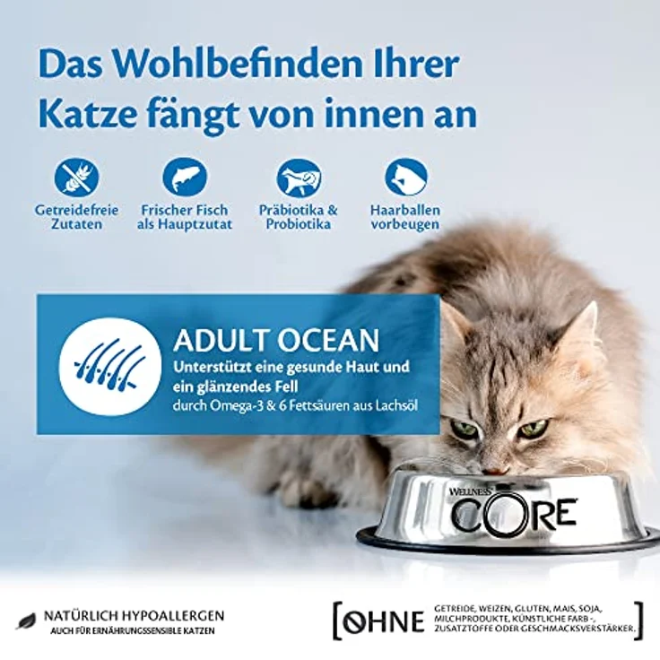 Wellness CORE Ocean, Katzenfutter trocken mit Lachs & Thunfisch, 1,75 kg, getreidefrei, ohne Zuckerzusatz, hoher Fleischanteil, fördert glänzendes Fell – Bild 2