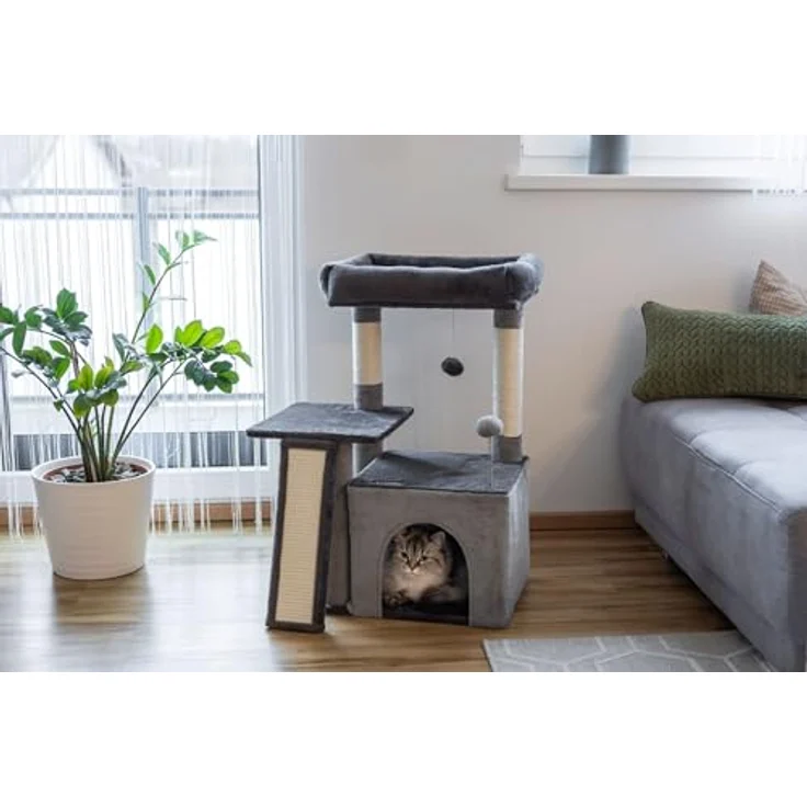 Kerbl Pet Kratzbaum Rosalie, grau, 76 cm, mit Kuschelbett und Spielbällen aus Plüsch, stabiler Holz-Katzenkratzbaum für Katzen und Kitten – Bild 5