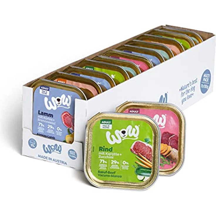 WOW Nassfutter Adult Multipack, Premium Hundefutter mit 71% frischem Fleisch, 150g (2x Lachs, Pute, Wild, Lamm & 3x Rind), getreide- und glutenfrei, 100% made in Austria – Bild 1
