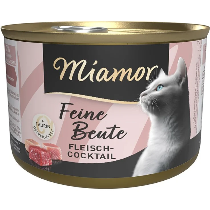 Miamor Feine Beute Fleischcocktail, Katzen-Nassfutter mit 65% Fleischanteil, 12x 185g, getreidefrei und schonend gegart