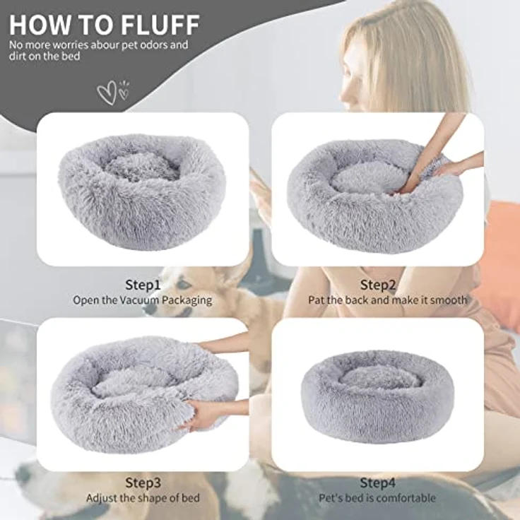 BVAGSS Rundes Hundebett & Katzenbett, Flauschig Donut aus ultraweichem Plüsch, Waschbar, 40 cm Durchmesser, Lichtgrau – Bild 5