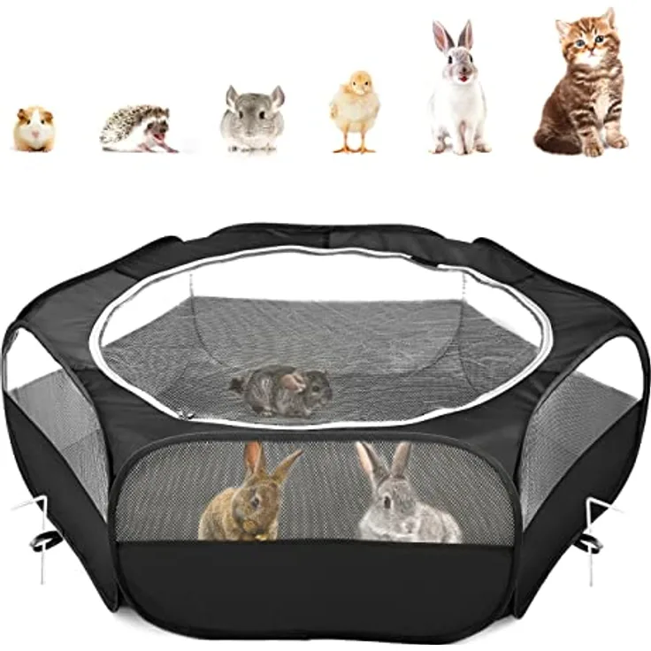 Pawaboo Kleintiere Freigehege, Wasserdicht Faltbar für Kaninchen, Hühner und Welpen, 133 cm x 38 cm, Visuell Laufstall mit Netz und Nylonboden, Schwarz