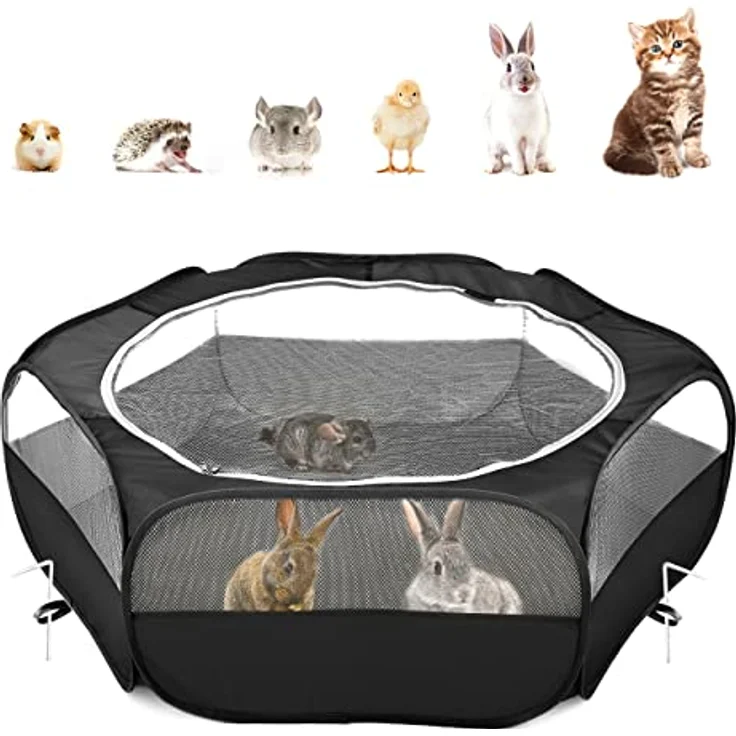Pawaboo Kleintiere Freigehege, Wasserdicht Faltbar für Kaninchen, Hühner und Welpen, 133 cm x 38 cm, Visuell Laufstall mit Netz und Nylonboden, Schwarz – Bild 1