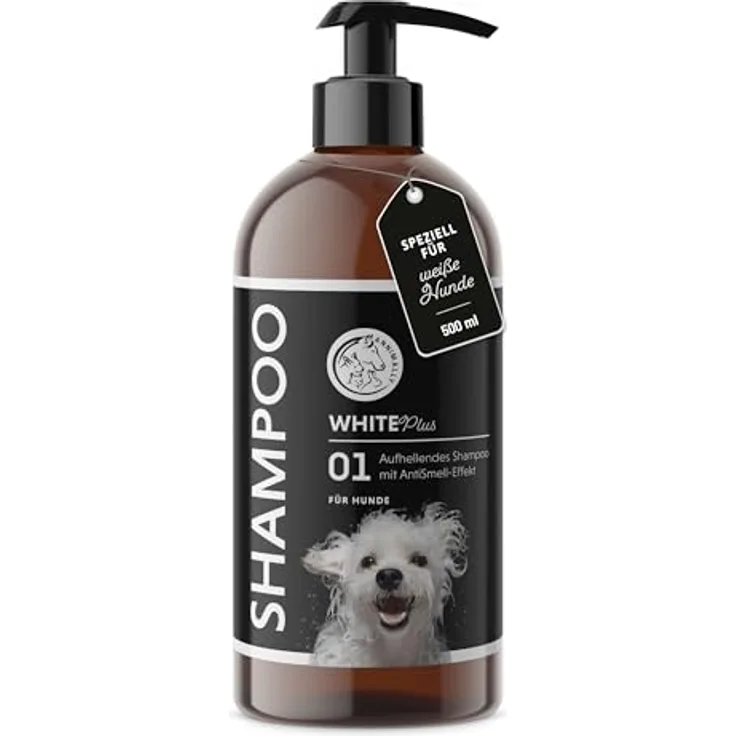 Annimally White Plus Shampoo, Natürliches Hundeshampoo für weißes Fell mit Kokosöl & Zuckertensid, geruchs- und pH-neutral, ohne Bleichmittel & Parfum, 500 ml