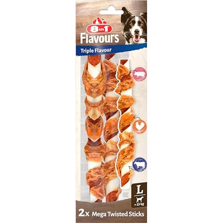 8in1 Triple Flavour Mega Twisted Sticks, große Kaustangen mit Hähnchenfilet, Schweine- und Rinderhaut, 140g Beutel (2 Stück) – Bild 1