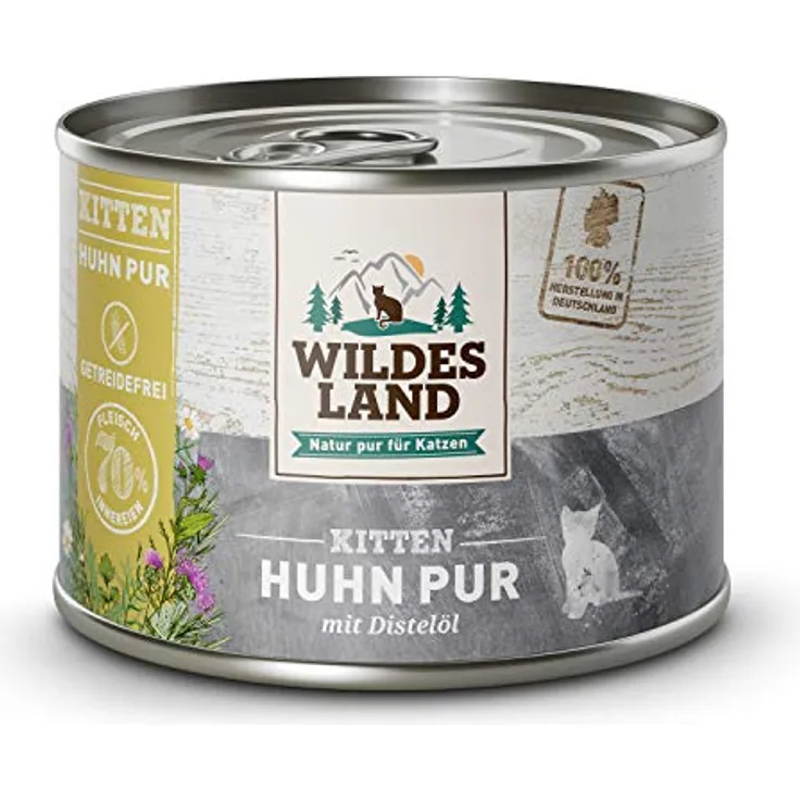 Wildes Land Kitten Huhn PUR, Nassfutter für Katzen, 70% Fleisch, getreidefrei, 6 x 200 g