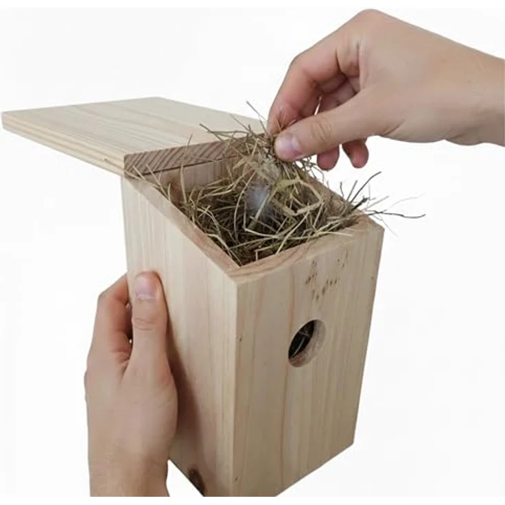 Relaxdays Nistkasten 4er Set, Vogelhaus aus Holz mit 32 mm Einflugloch, klappbare Dachklappe, für Spatzen & Meisen, naturfarben – Bild 5