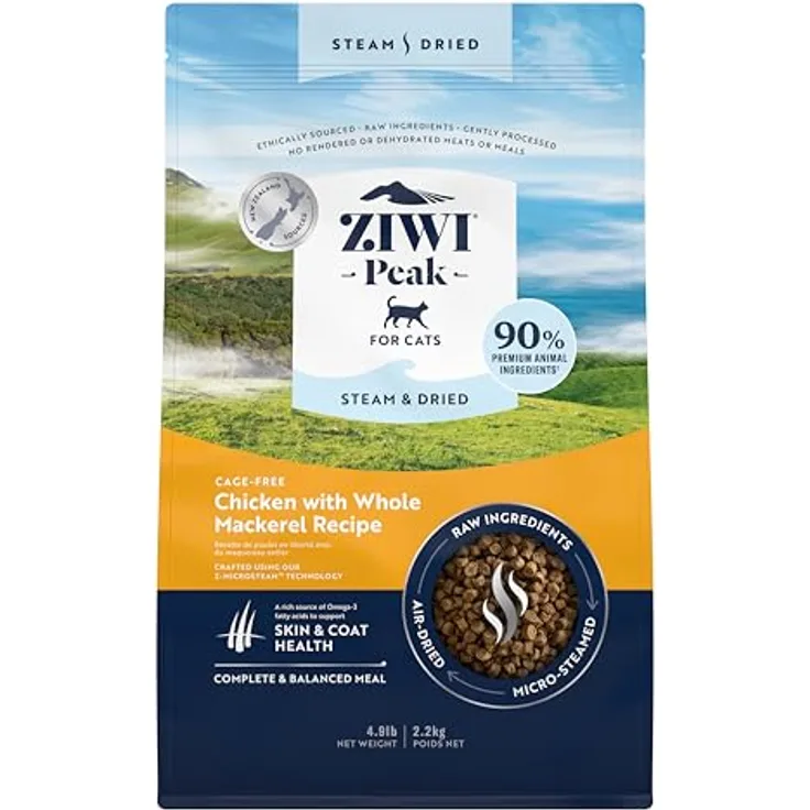 ZIWI Peak Steam & Getrocknetes Käfigfreies Huhn mit ganzer Makrele, 2,2 kg – Natürliches, proteinreiches und getreidefreies Katzenfutter für empfindliche Mägen