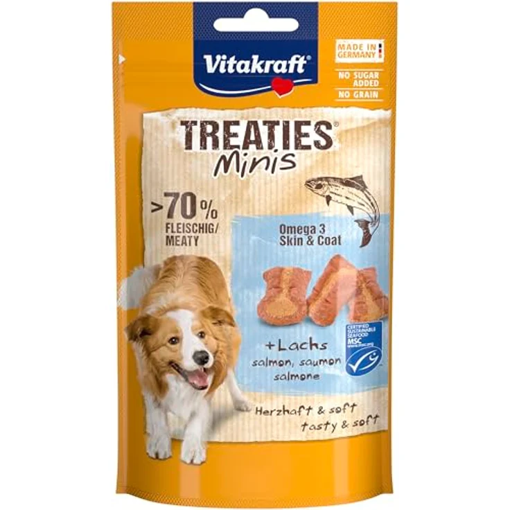 Vitakraft Treaties Minis, weicher Hundesnack gefüllt mit Lachs, mit Omega 3, Trainingsleckerli, 8x48g, Made in Germany – Bild 3