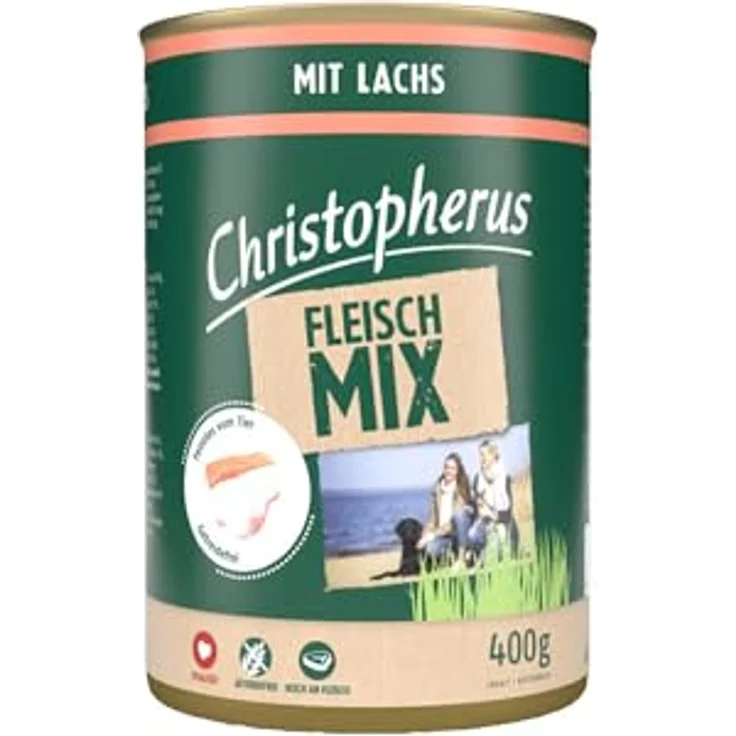 Christopherus Fleischmix mit Lachs, Getreidefreies Nassfutter für Hunde, 6 x 400 g Dosen – Bild 2