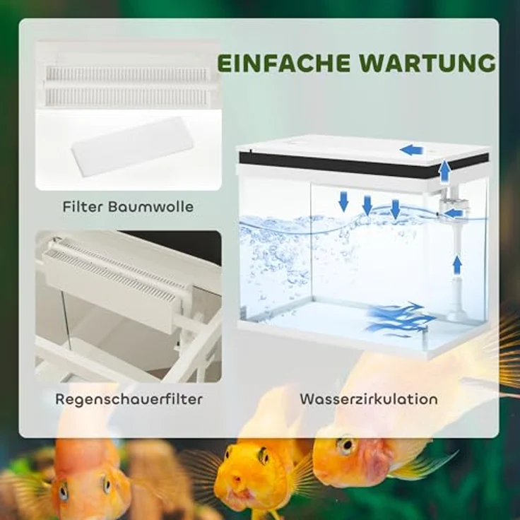 PawHut Aquarium 41 Liter, Glas-Aquarium mit Filtersystem, LED-Lichtern und Wasserpumpe, kompaktes Design in Weiß für verschiedene Fischarten – Bild 3