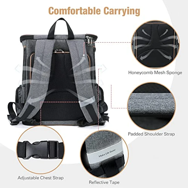 Lekesky XL Groß Katzenrucksack Hunderucksack für Haustiere bis 10 kg, erweiterbar und faltbar, grau, mit innerer Sicherheitsleine und 2 waschbaren Matten – Bild 5