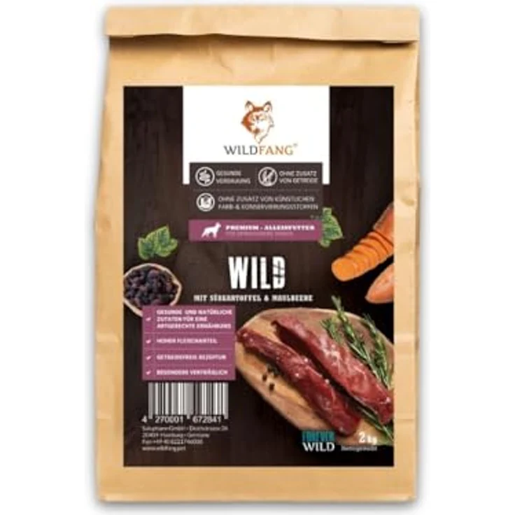 Wildfang® Hundefutter Premium Trockenfutter, Getreidefrei mit 50 % Wild & Lachs, 2 kg, mit Süßkartoffel und Maulbeeren – Bild 1