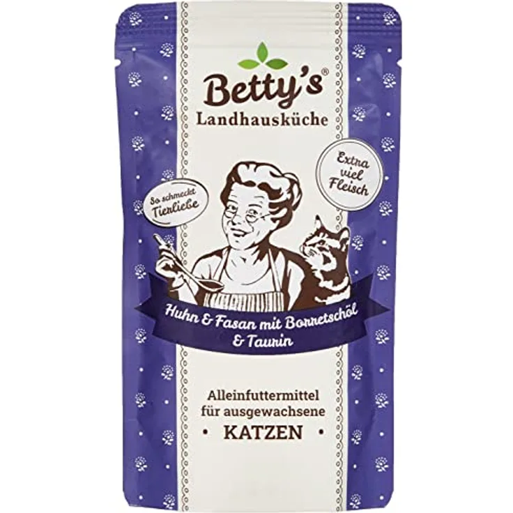 Boswelia Betty's Landhausküche Frischebeutel Pouches Katzen-Nassfutter, Huhn & Fasan mit Borretschöl, 12 x 100 g, getreidefrei, hohe Bioverfügbarkeit, hochwertiges Fleisch