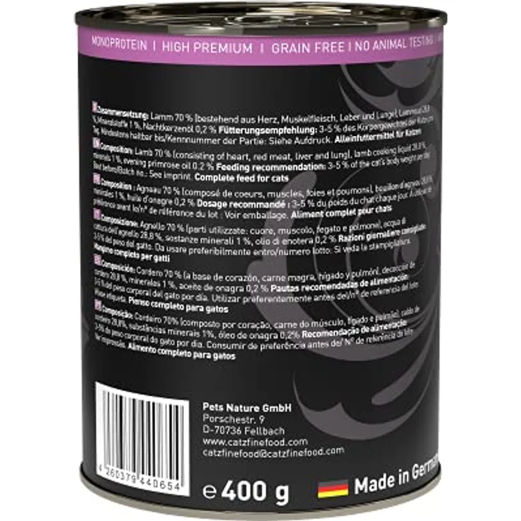 catz finefood Purrrr Lamm Monoprotein Katzenfutter nass N° 111, 70% Fleischanteil, ohne Getreide, 6 x 400 g Dose – Bild 2