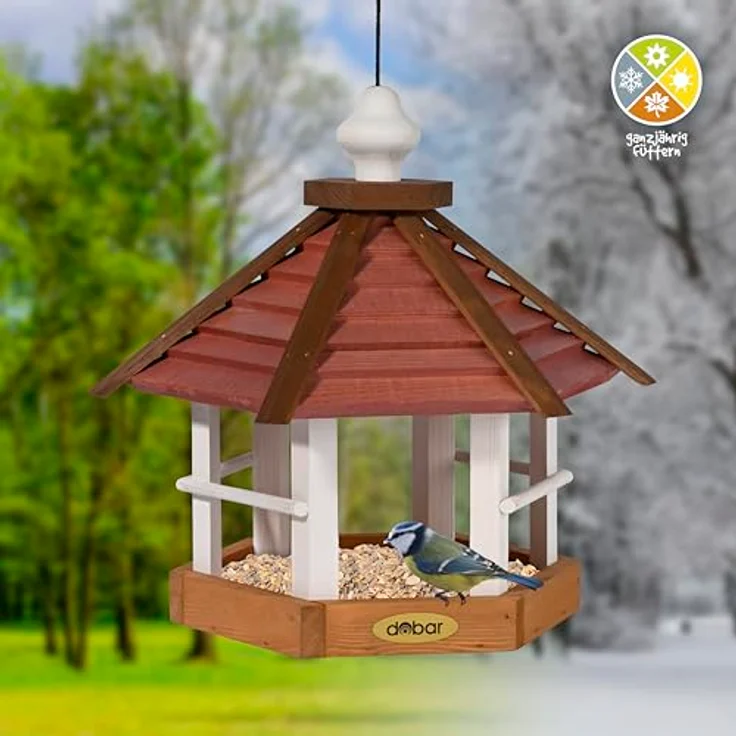 dobar® Großes Vogelhaus Herbstfrüchte, Futterstation aus Kiefernholz, 33,5 x 29 x 34 cm, Braun/Rot/Weiß, zum Aufhängen – Bild 4