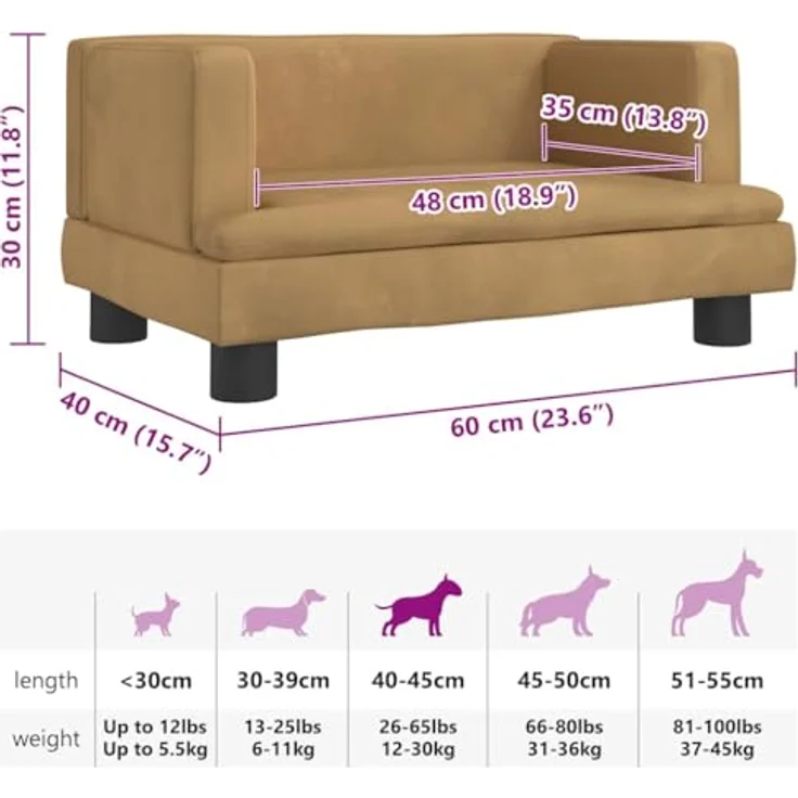 vidaXL Hundekorb Hundebett Braun 60x40x30 cm Samt Körbchen Hundesofa, für kleine Hunde und Haustiere, maximale Tragfähigkeit 50 kg – Bild 4