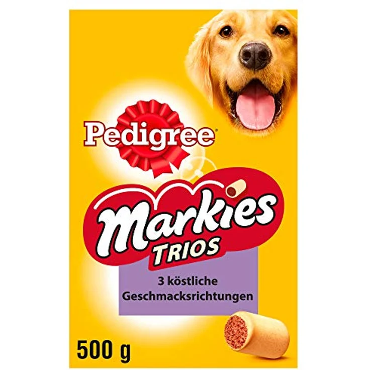 Pedigree Markies Trio's, Hundesnacks 500 g, gefüllt mit Omega 3, Vitaminen und Mineralien für starke Knochen, ohne künstliche Farb- und Aromastoffe – Bild 1
