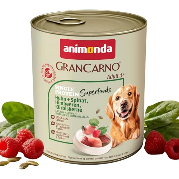 animonda GranCarno superfoods Huhn + Spinat + Himbeer + Kürbiskern, Hunde-Nassfutter, 6x800g, hochwertige und ausgewogene Rezeptur, hergestellt in Deutschland – Bild 1