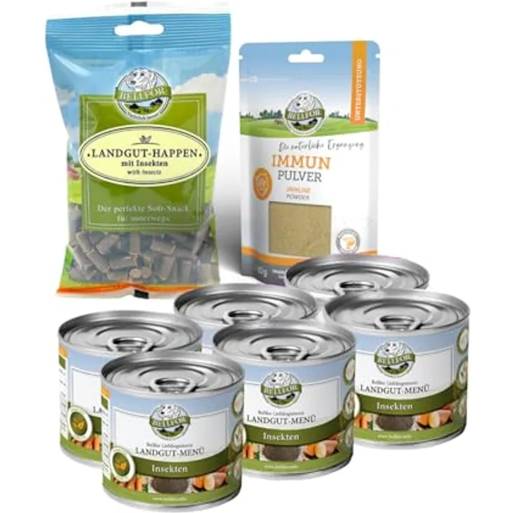 Bellfor Sparset Hundefutter für kleine Hunde, purinbewusste Ernährung mit Insektenprotein, 6×200 g Landgut-Menü, 200 g Landgut-Happen, 80 g Immun Pulver